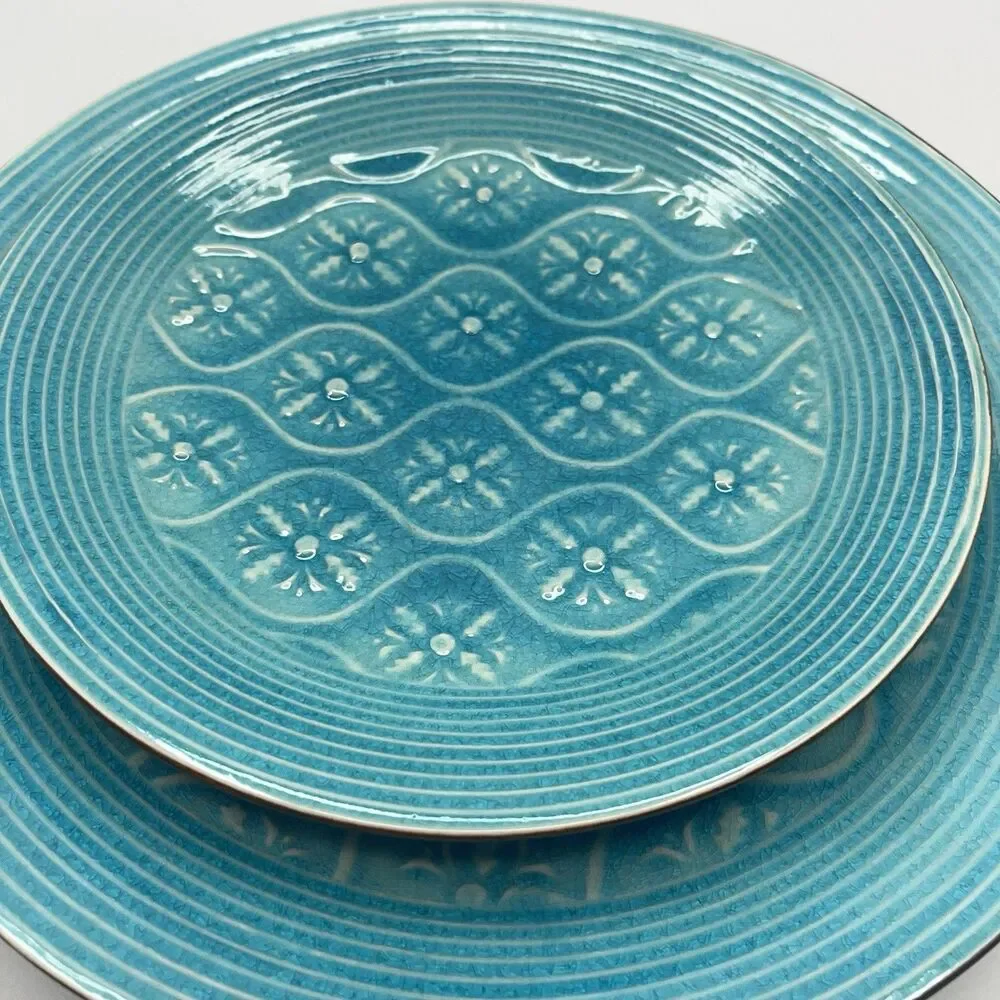 Vintage Set Pier 1 Turquoise Plate Crackle Pattern Stoneware Salad 8.5”  And 11”